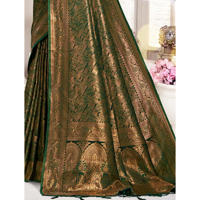 Dark Green Woven Banarasi Silk Saree With Tassels