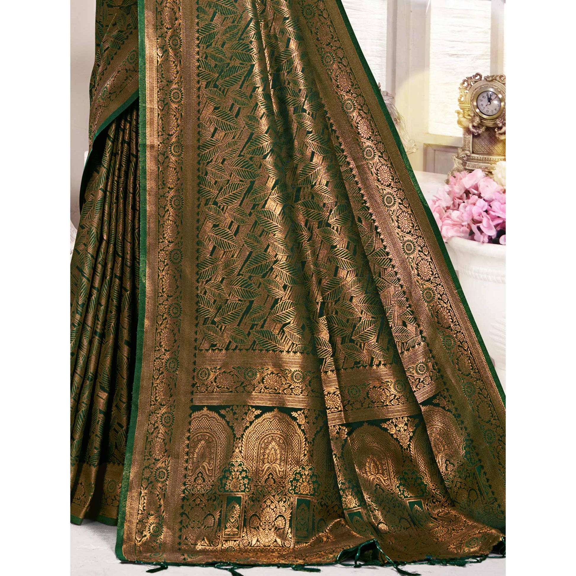 Dark Green Woven Banarasi Silk Saree With Tassels