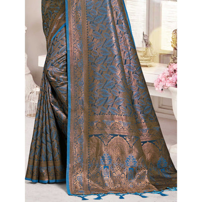 Blue Woven Banarasi Silk Saree With Tassels