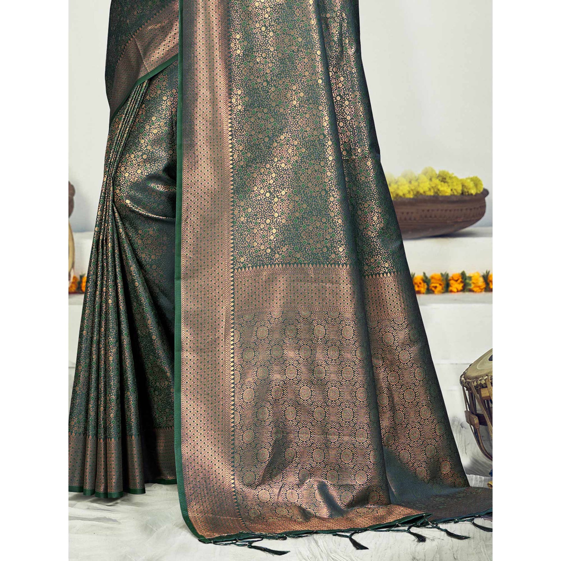 green-floral-woven-banarasi-silk-saree-with-tassels-10
