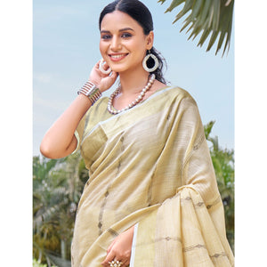 Cream Woven Cotton Blend Saree With Tassels