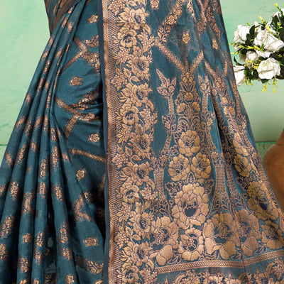 Bluyish Grey Floral Woven Cotton Silk Saree