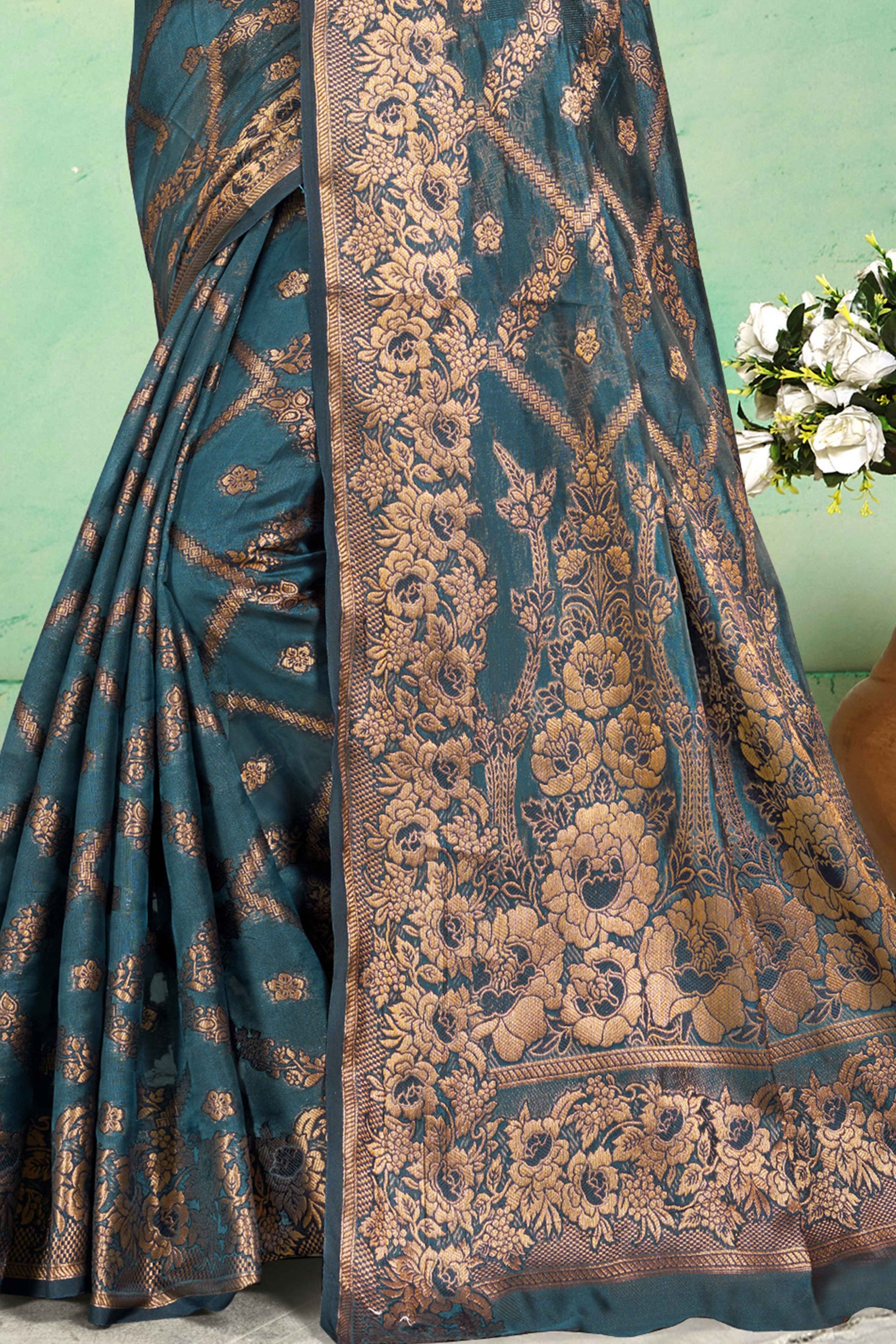 Bluyish Grey Floral Woven Cotton Silk Saree
