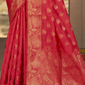 Cherry Red Floral Woven Cotton Silk Saree