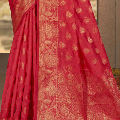 Cherry Red Floral Woven Cotton Silk Saree