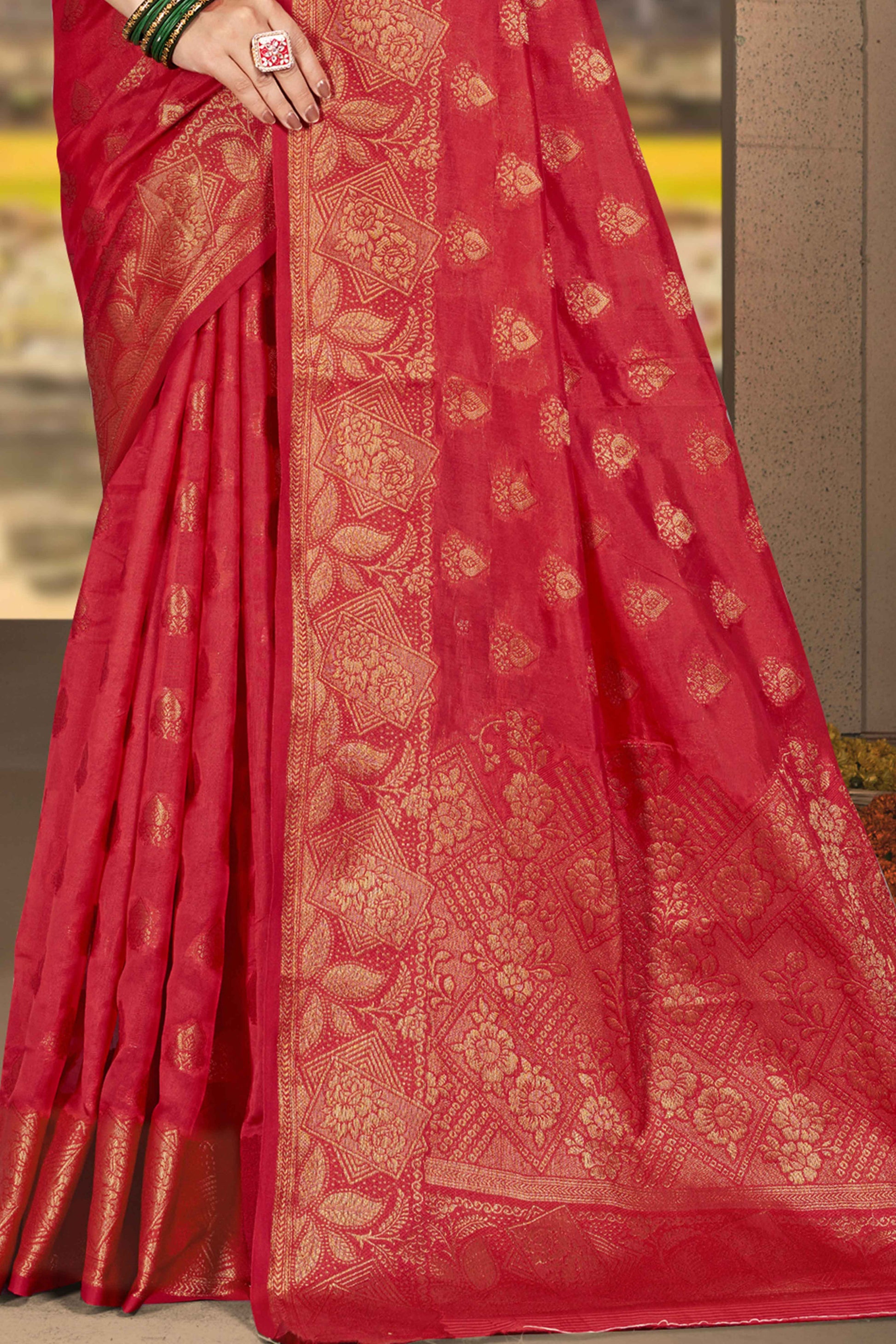 Cherry Red Floral Woven Cotton Silk Saree