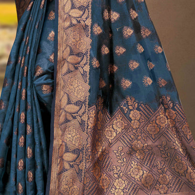 Bluyish Grey Floral Woven Cotton Silk Saree