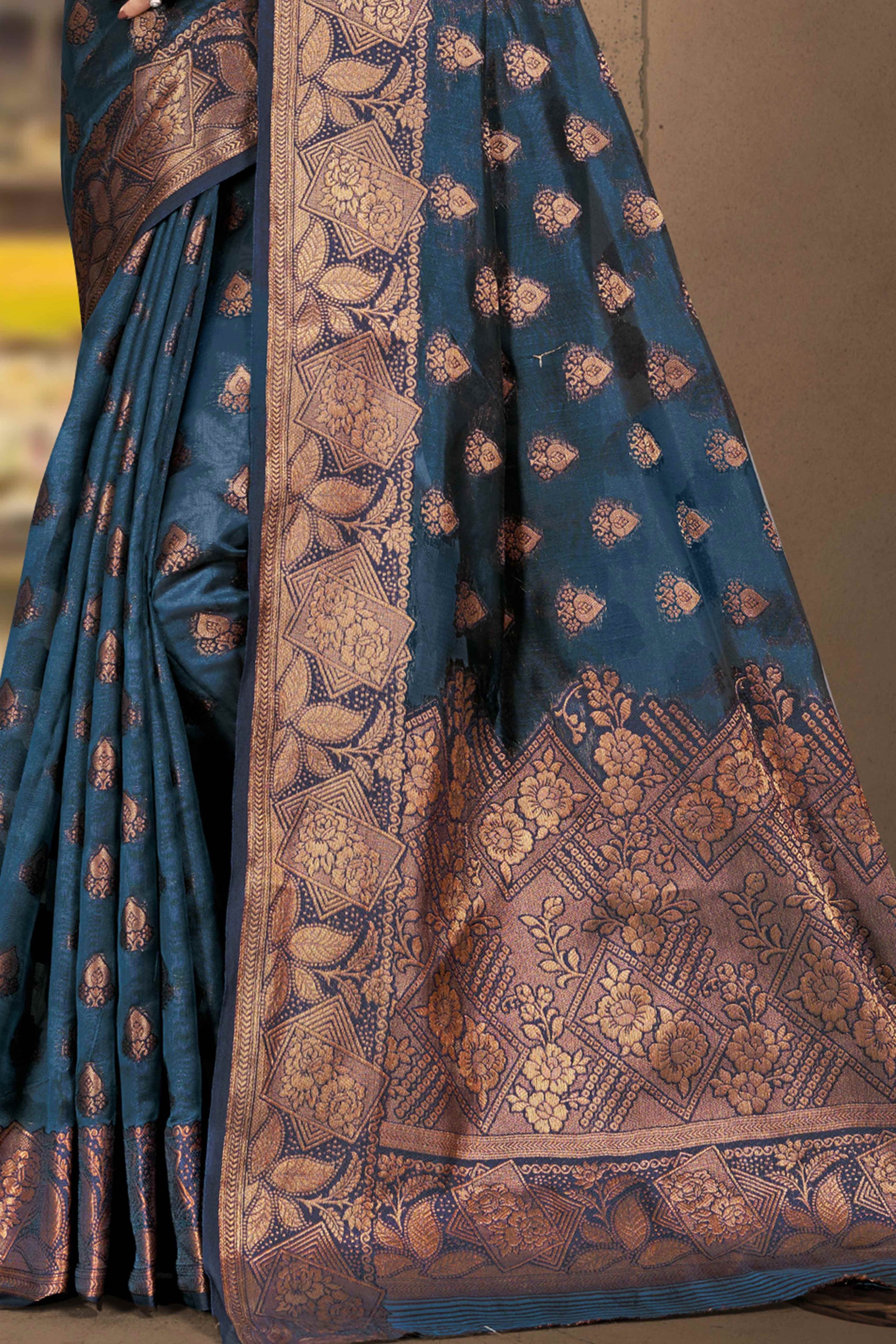 Bluyish Grey Floral Woven Cotton Silk Saree