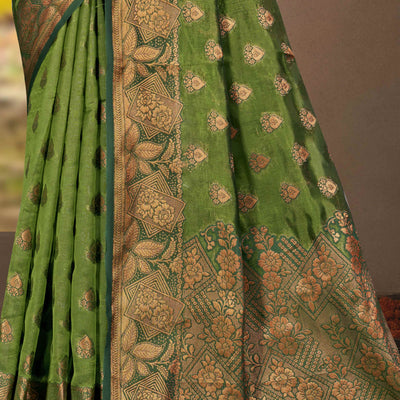 Mehendi Green Floral Woven Cotton Silk Saree