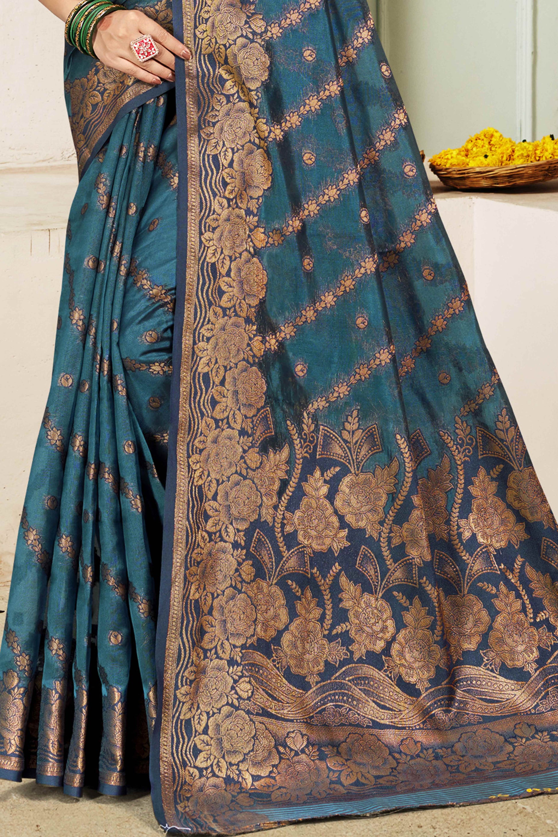 Bluyish Grey Floral Woven Cotton Silk Saree