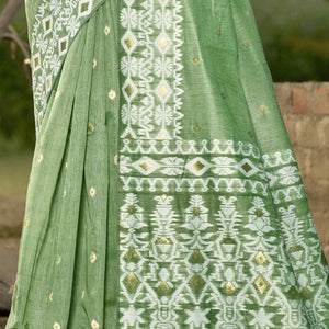 green-woven-linen-cotton-saree-with-tassels