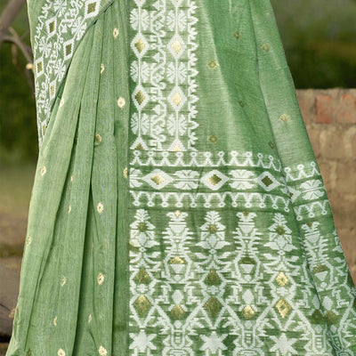 green-woven-linen-cotton-saree-with-tassels