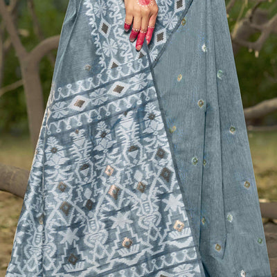 Grey Woven Linen Cotton Saree With Tassels