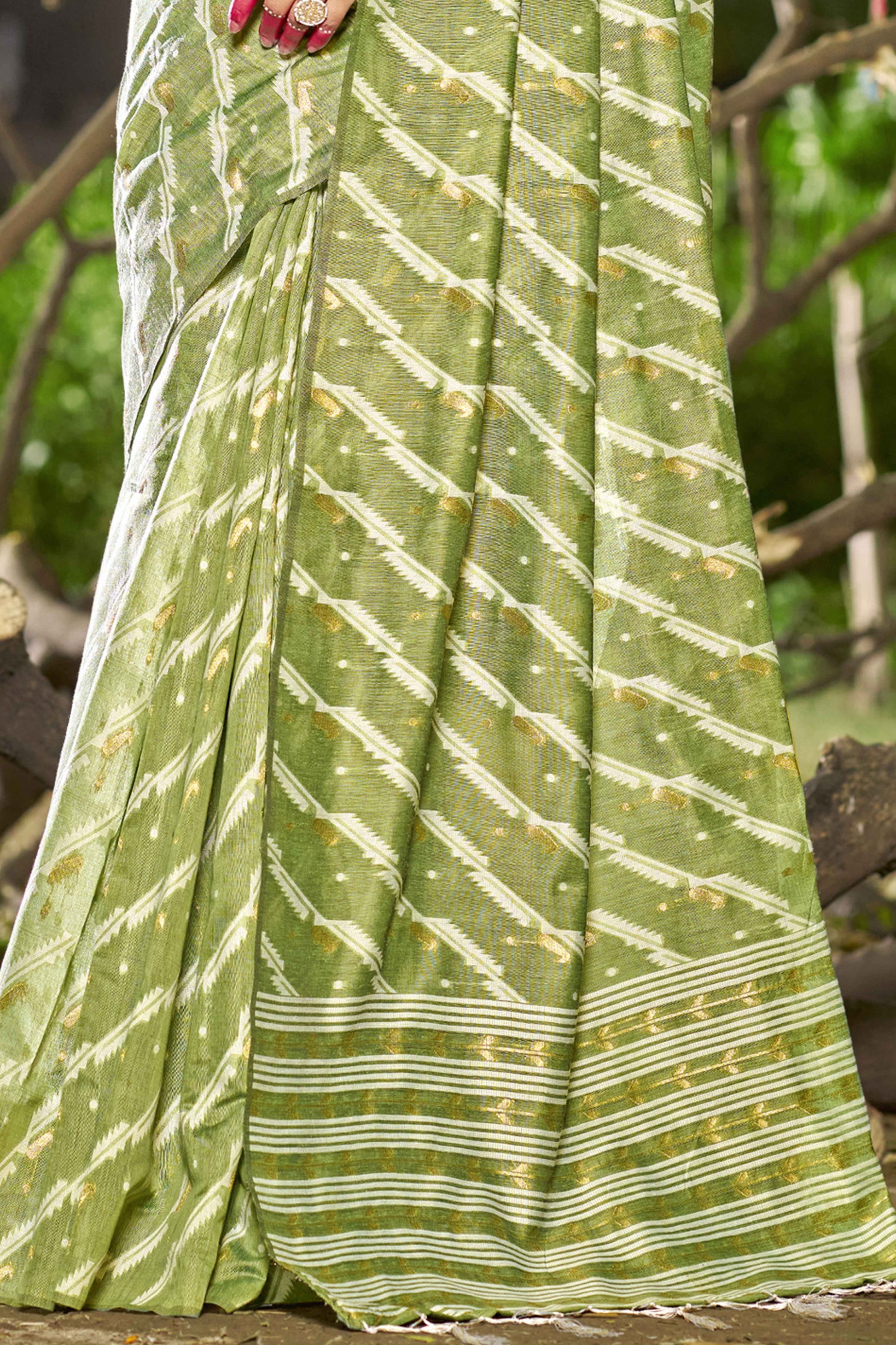 green-printed-with-woven-linen-cotton-saree-with-tassels