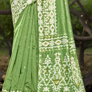 Light Green Woven Linen Cotton Saree With Tassels