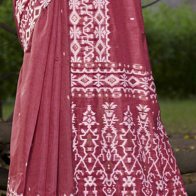 Dark Rose Pink Woven Linen Cotton Saree With Tassels