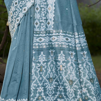 Light Blue Woven Linen Cotton Saree With Tassels