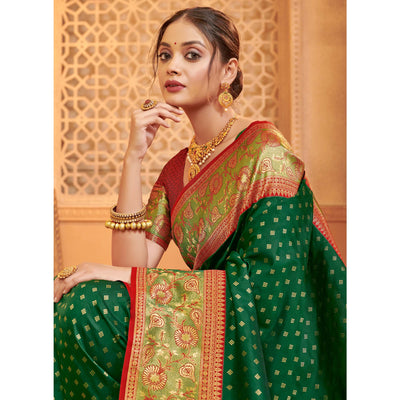 green-floral-woven-banarasi-silk-saree-with-tassels-7