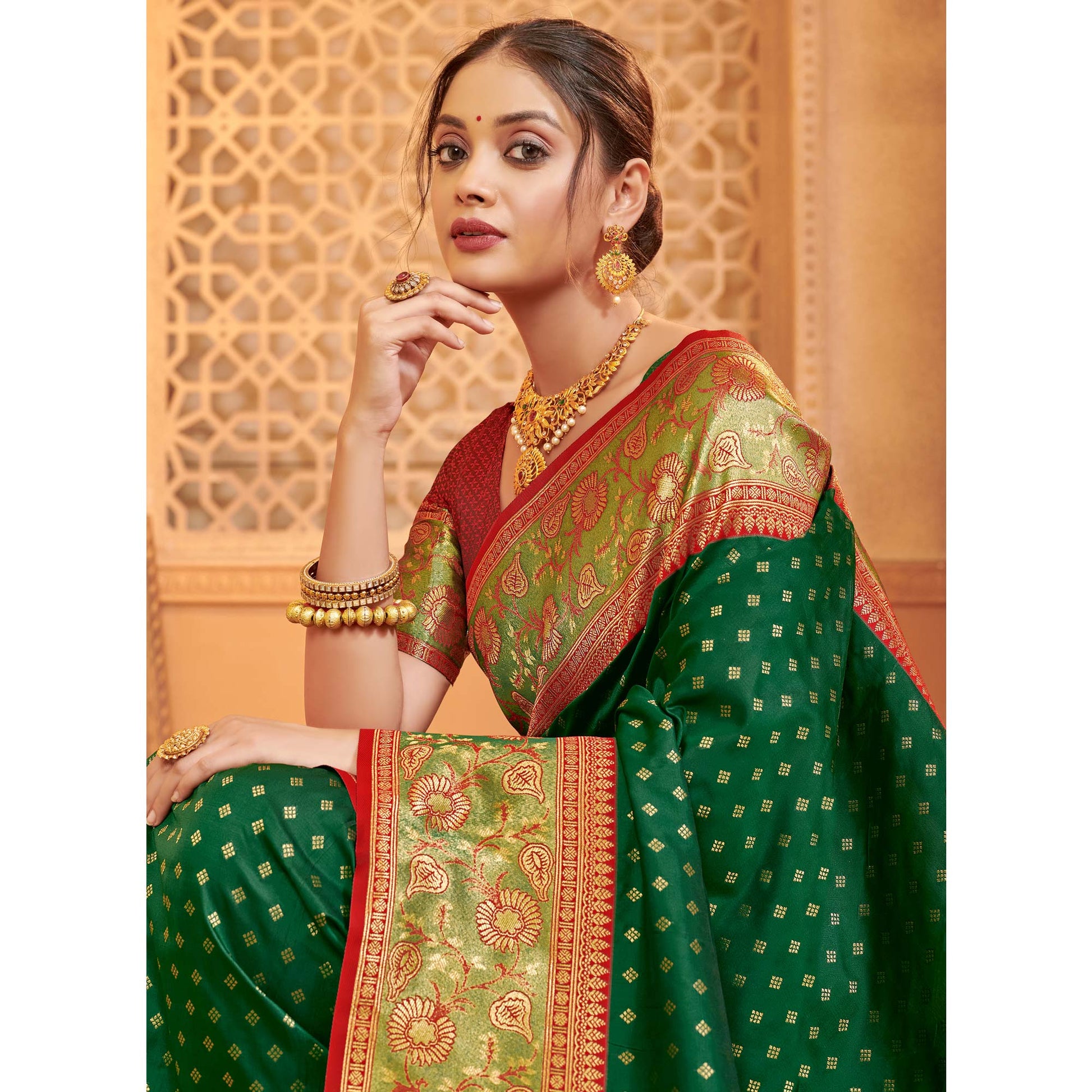green-floral-woven-banarasi-silk-saree-with-tassels-7