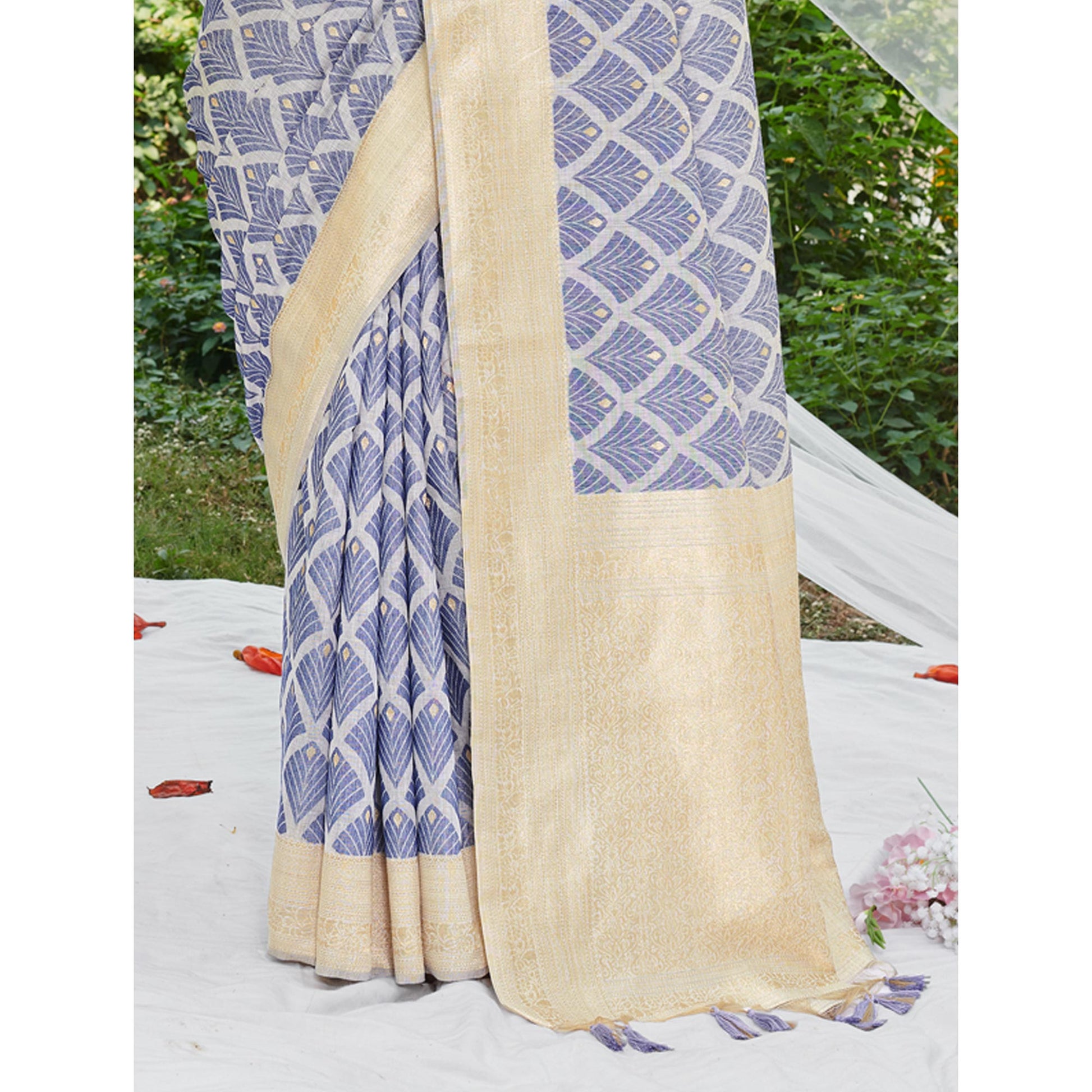 Blue Woven Cotton Silk Saree With Tassels