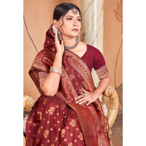 Maroon Floral Woven Banarasi Silk Saree With Tassels