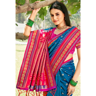 Blue Woven Paithani Banarasi Silk Saree With Tassels