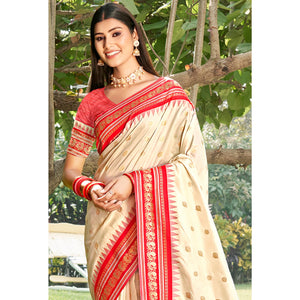 Cream Woven Paithani Banarasi Silk Saree With Tassels