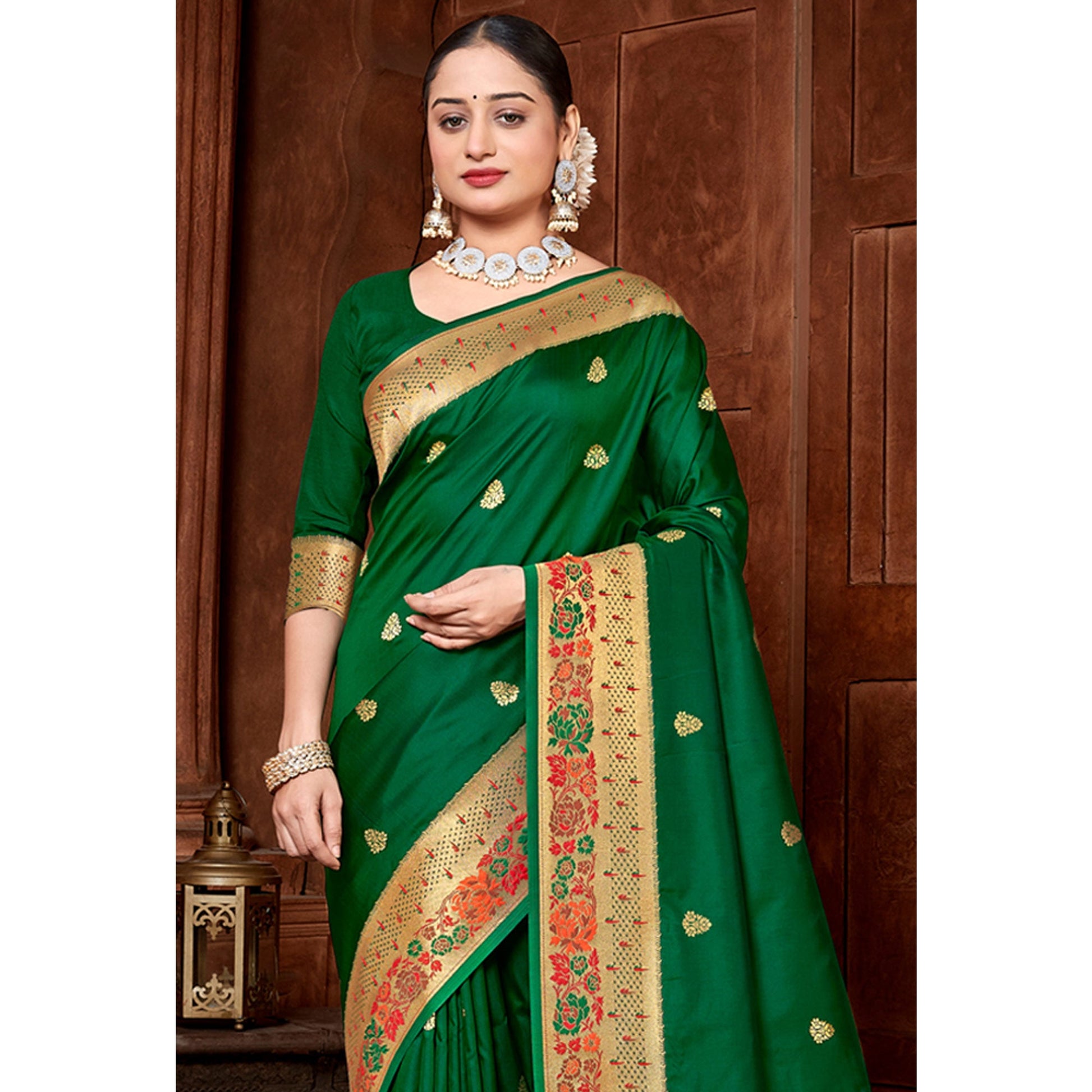 green-woven-paithani-banarasi-silk-saree-with-tassels