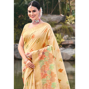 Light Beige Woven Cotton Blend Saree With Tassels