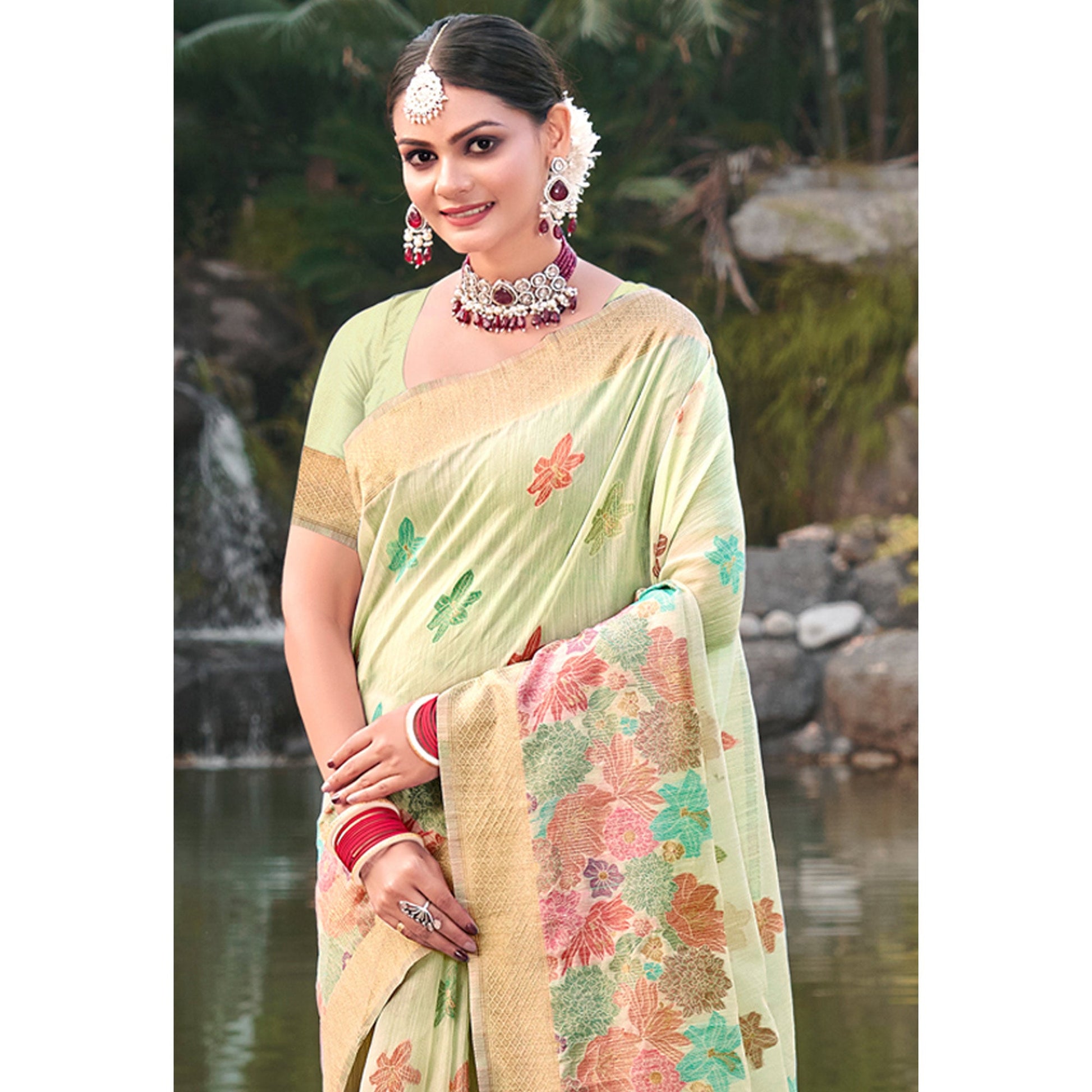 Light Green Woven Cotton Blend Saree With Tassels