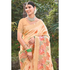 Cream Woven Cotton Blend Saree With Tassels