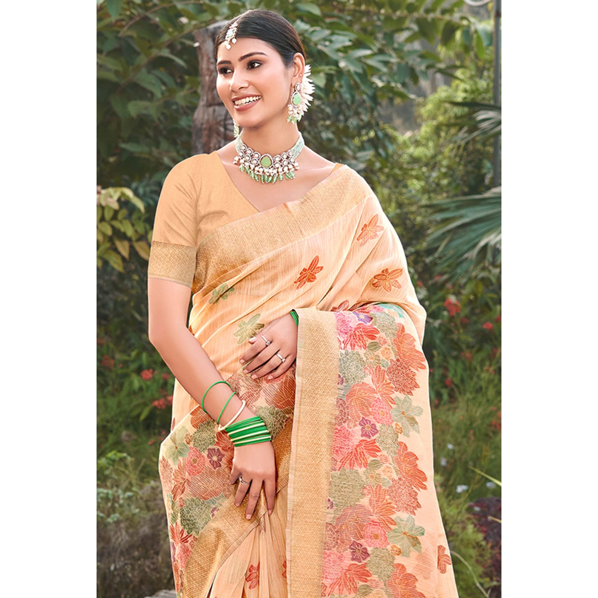 Cream Woven Cotton Blend Saree With Tassels
