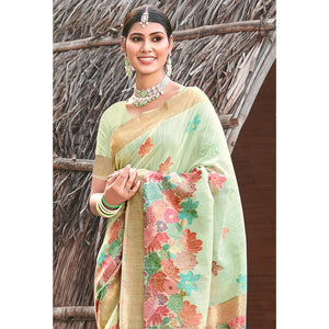 green-woven-cotton-blend-saree-with-tassels-1