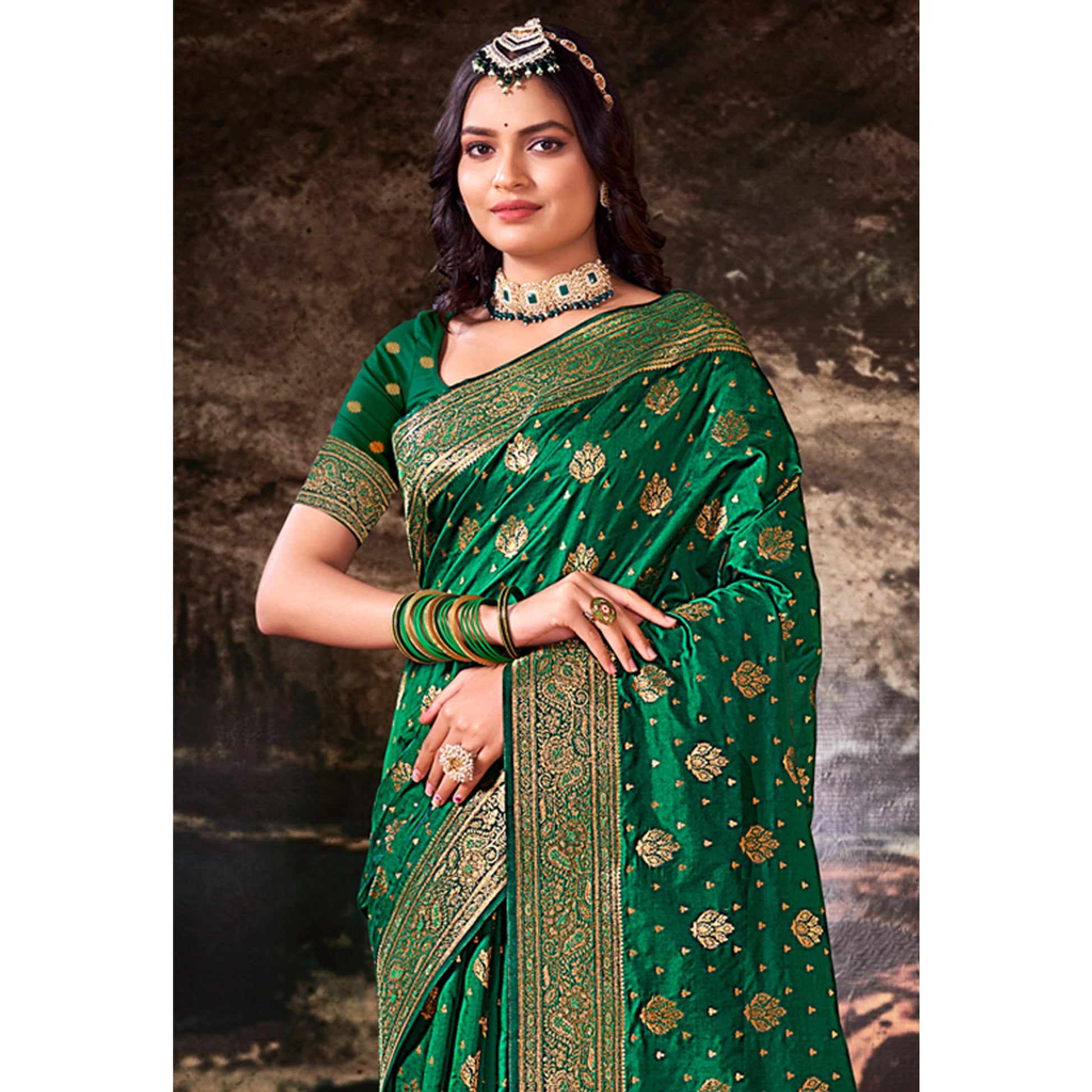 green-floral-woven-banarasi-silk-saree-with-tassels-8