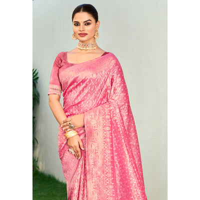 Light Pink Floral Woven Cotton Blend Saree With Tassels