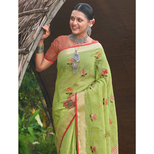 green-floral-embroidered-linen-saree-with-tassels-2