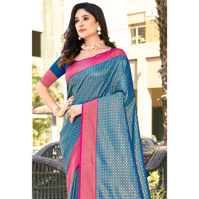 Blue Woven Banarasi Silk Saree With Tassels