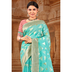 Blue Woven Linen Saree With Tassels