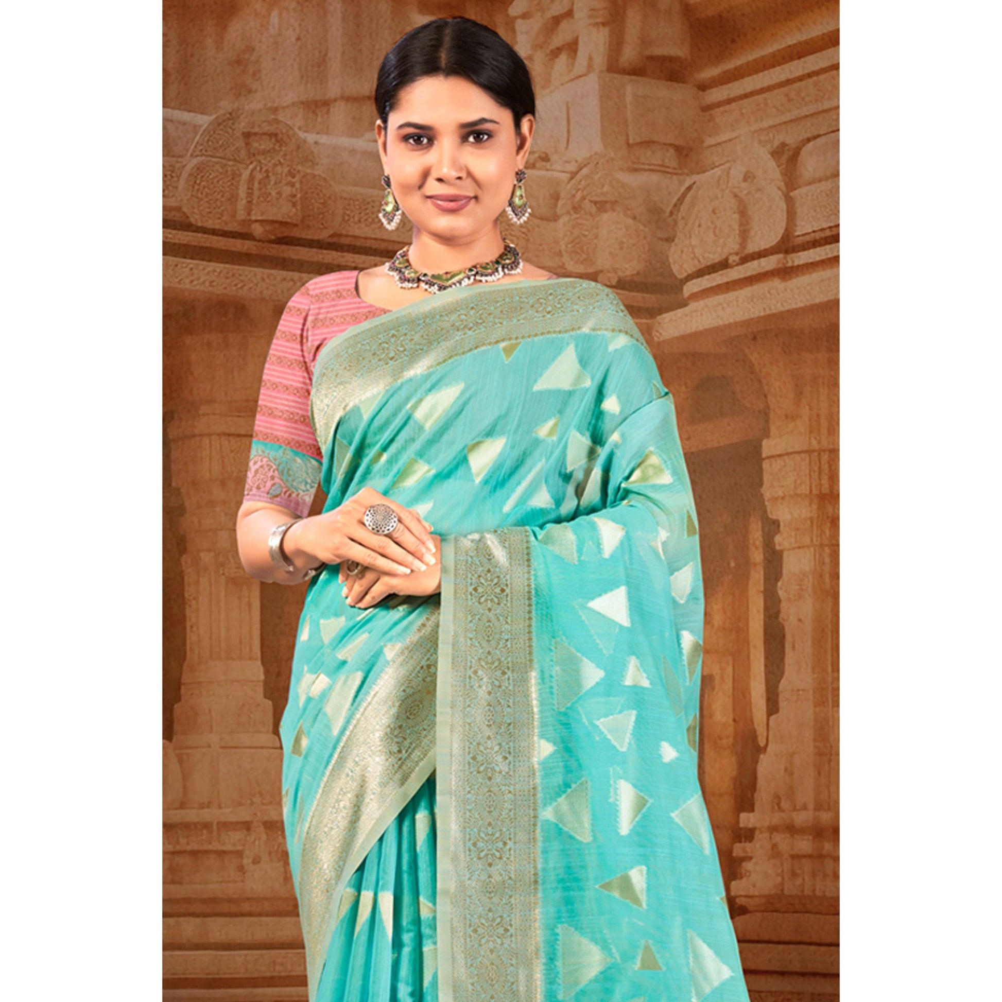 Blue Woven Linen Saree With Tassels