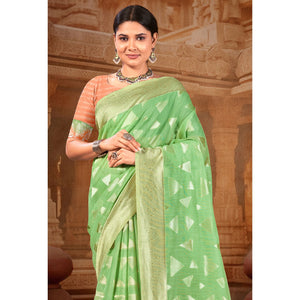 green-woven-linen-saree-with-tassels-1
