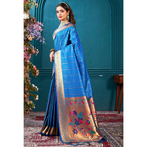 Blue Woven Paithani Raw Silk Saree With Tassels