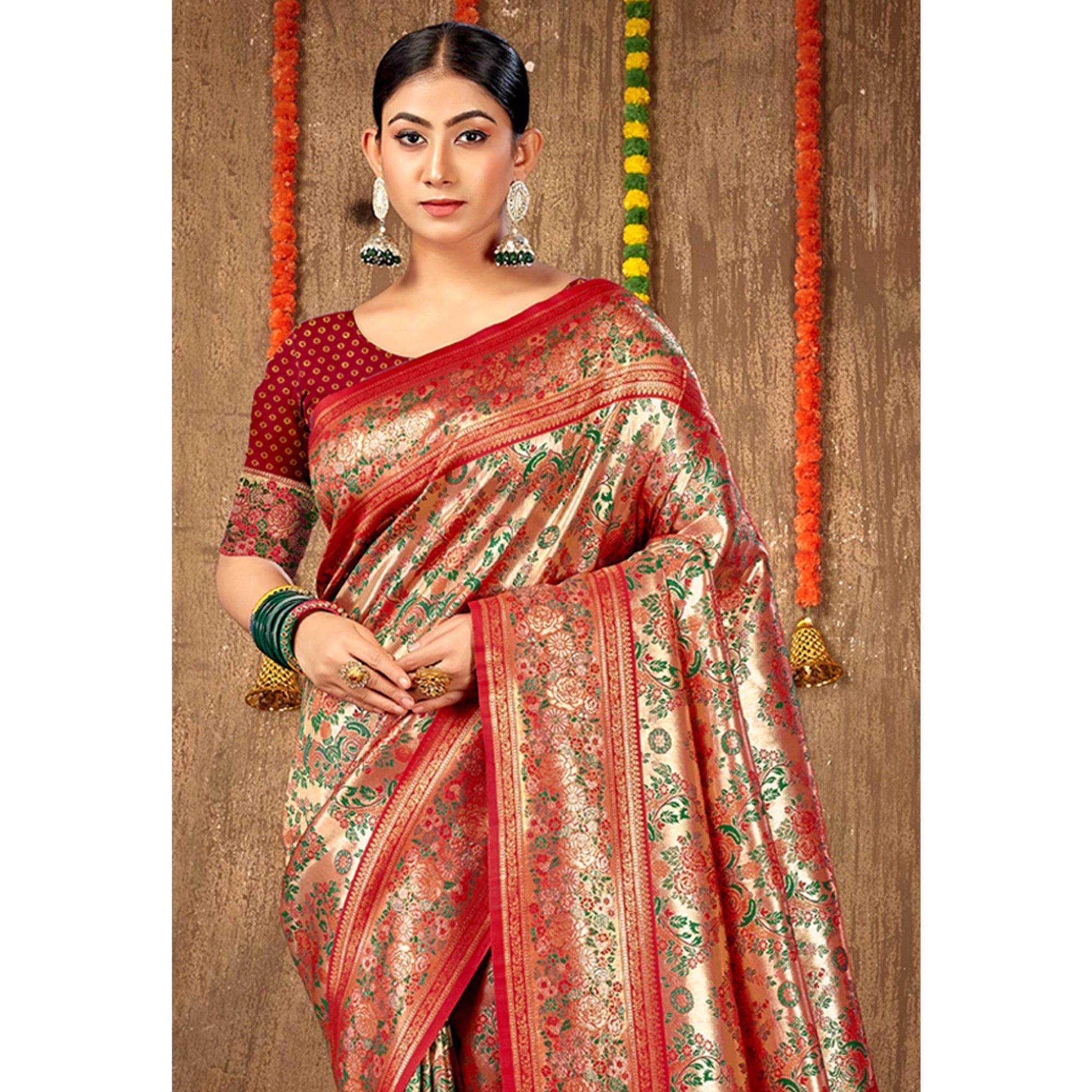 Maroon Floral Woven Banarasi Silk Saree
