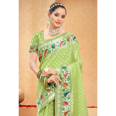 green-floral-woven-cotton-blend-saree-with-tassels-1