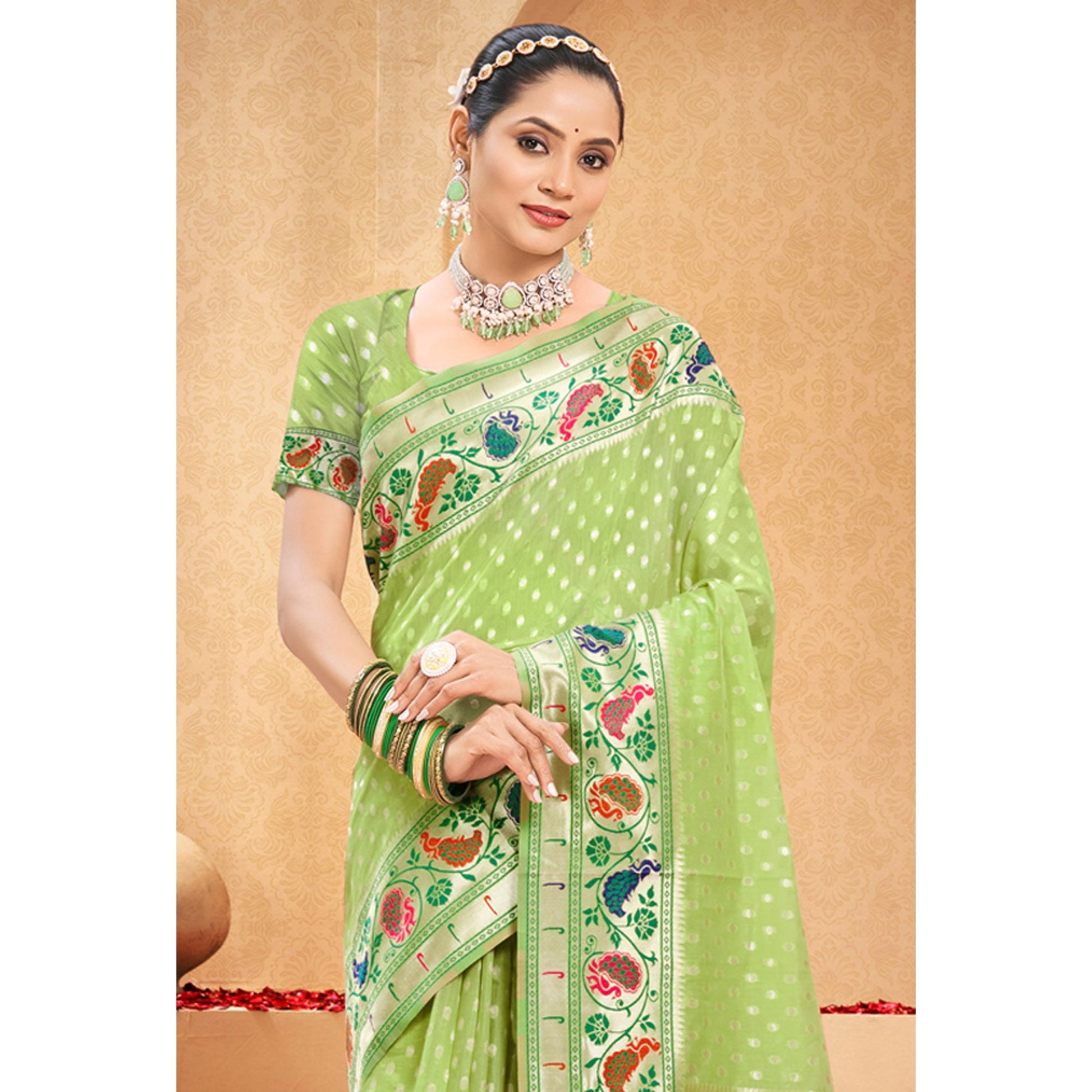 green-floral-woven-cotton-blend-saree-with-tassels-1
