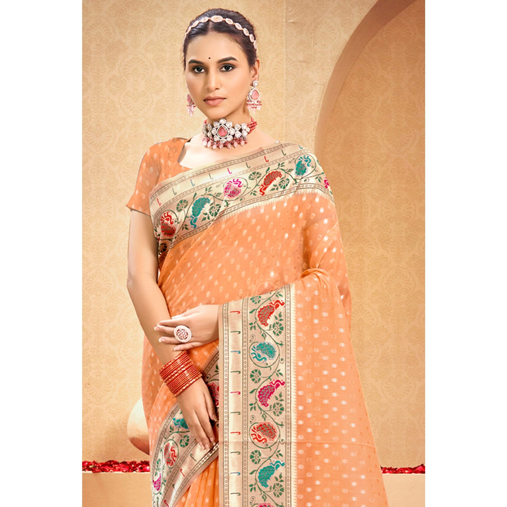 Light Orange Floral Woven Cotton Blend Saree With Tassels