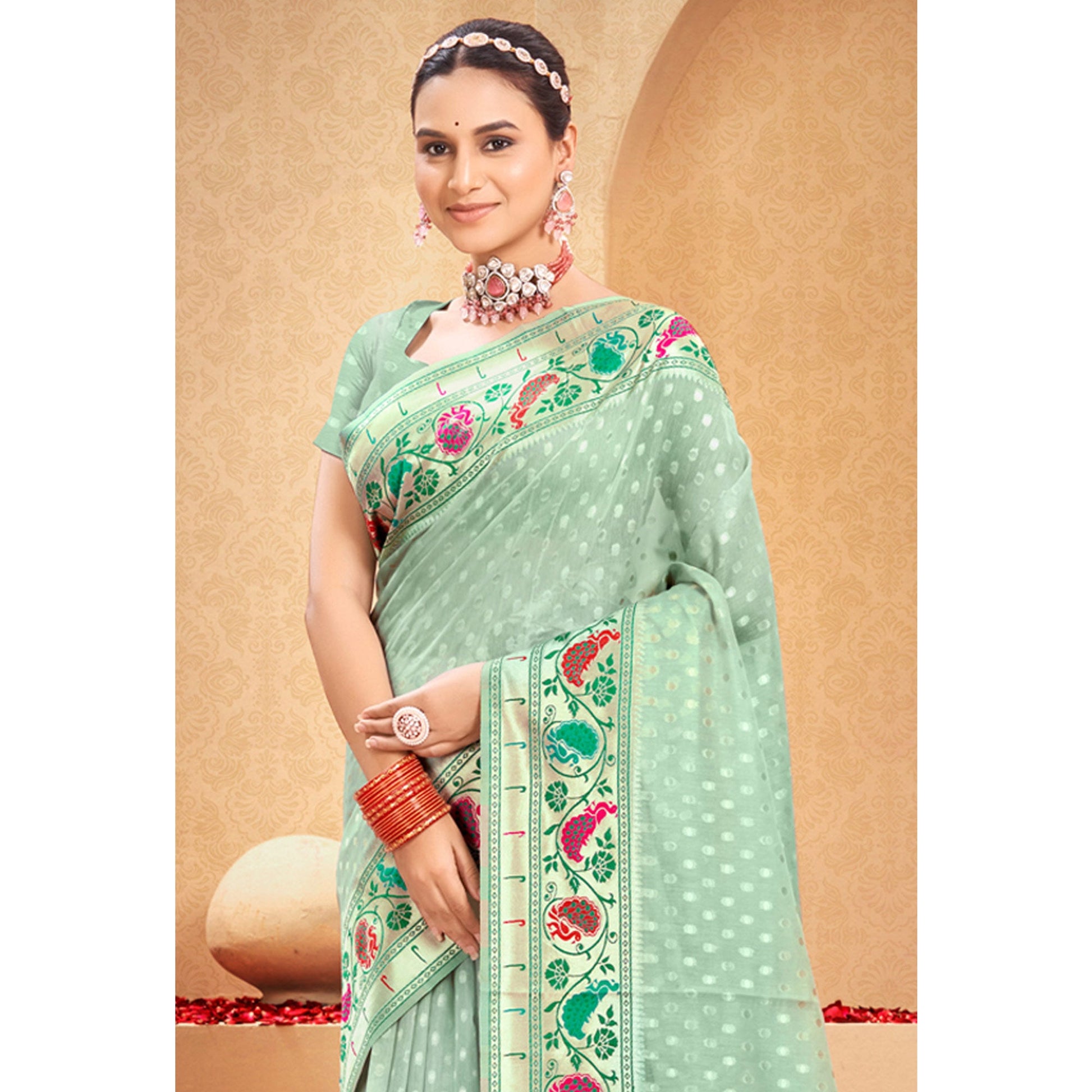 green-floral-woven-cotton-blend-saree-with-tassels