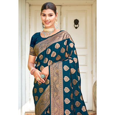 Morpich Floral Woven Banarasi Silk Saree