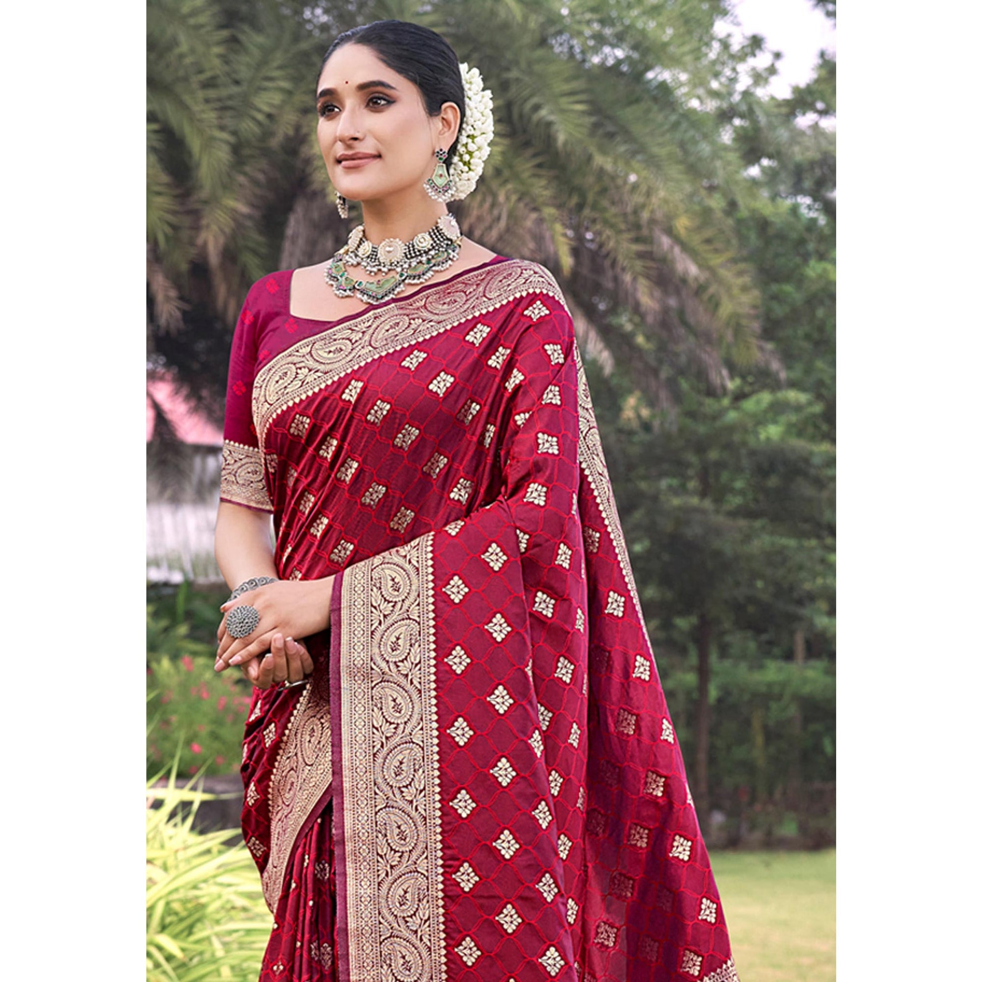Maroon Floral Woven Kanjivaram Silk Saree With Tassels