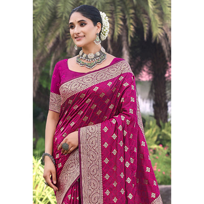Magenta Floral Woven Kanjivaram Silk Saree With Tassels