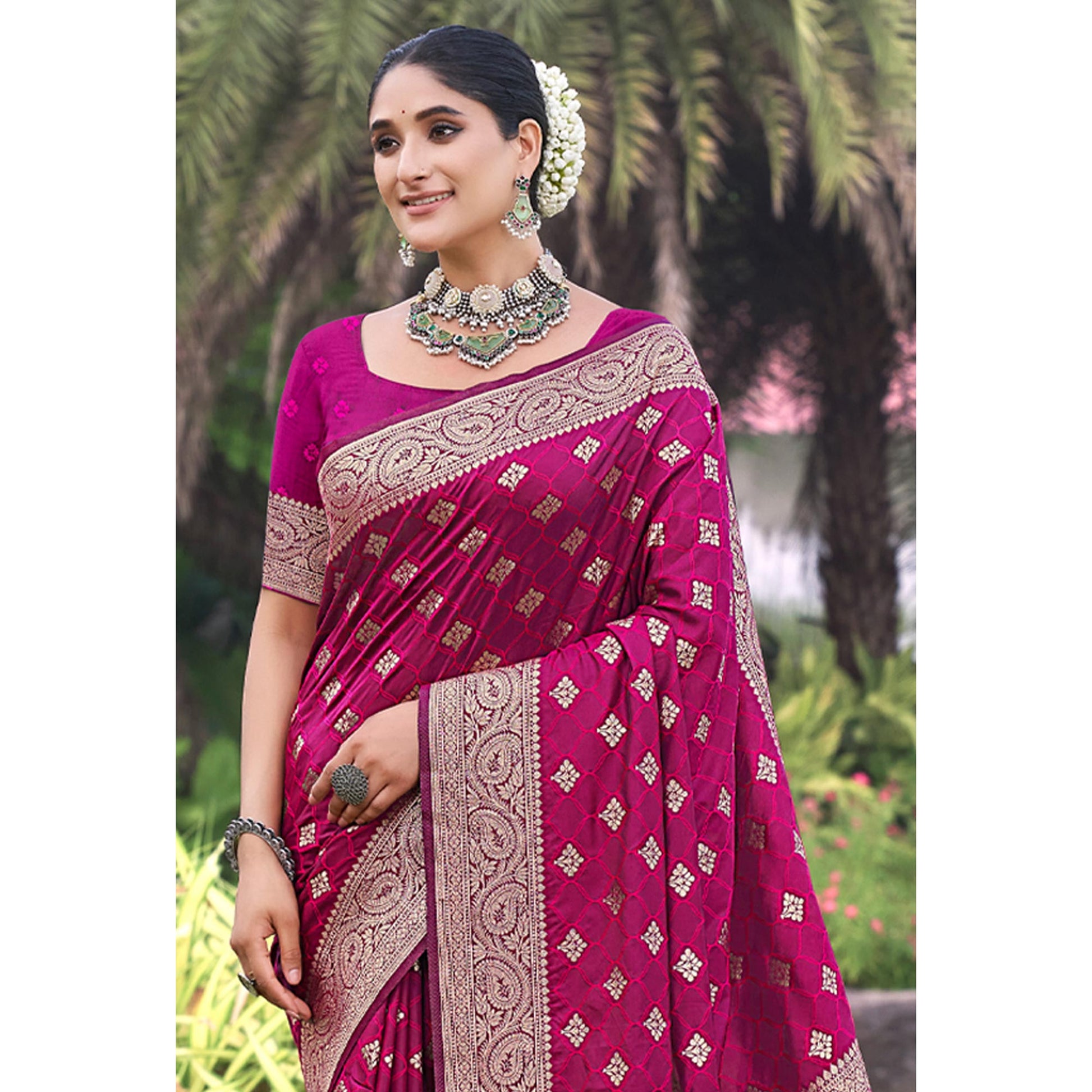 Magenta Floral Woven Kanjivaram Silk Saree With Tassels